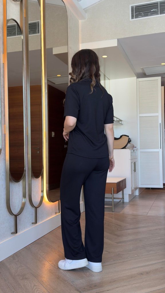 Kadın Kısa Kollu Yakalı Viskon Iki Iplik Bluz Ve Pantolon Ikili Takım - Görsel 3