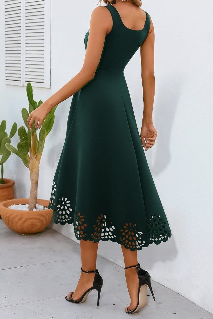 Kadın Askılı Geometrik Yaka çiçek Lazer Kesim Ithal Krep Elbise - Görsel 14