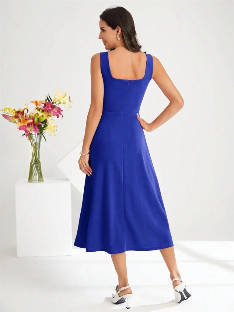 Kadın Askılı Kare Yakalı Midi Ithal Krep Elbise - Görsel 15