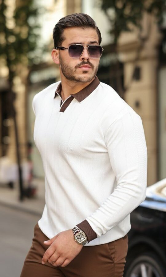 Erkek Renkli Yaka Manşet Uzun Kollu Triko