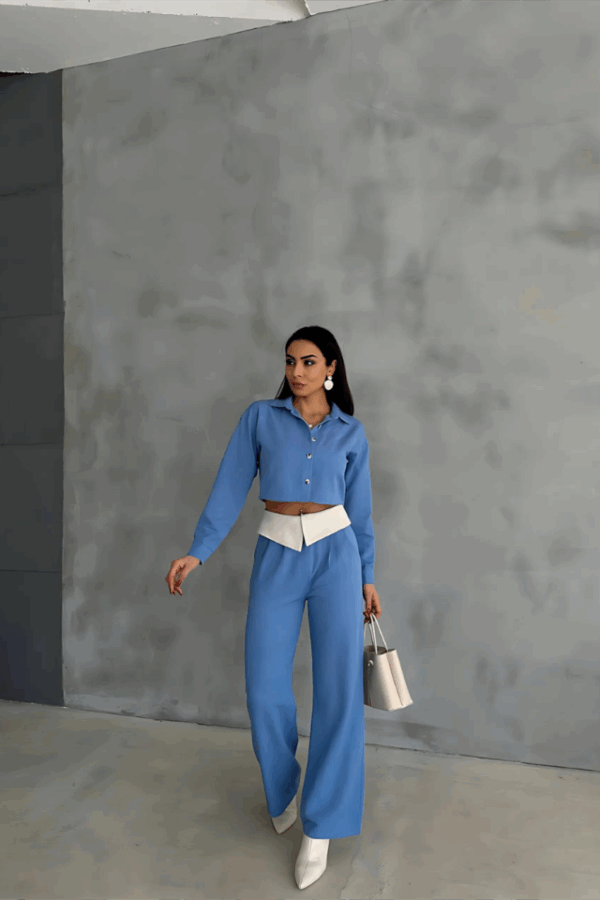 KETEN GÖMLEK-CROP-SALAŞ PANTOLON TAKIM - Mavi