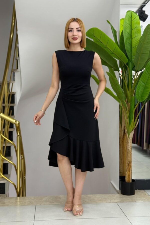 Kadın Sıfır Kollu Belden Büzgülü Eteği Volanlı Asimetrik Kesim Midi Janjan Krep Elbise