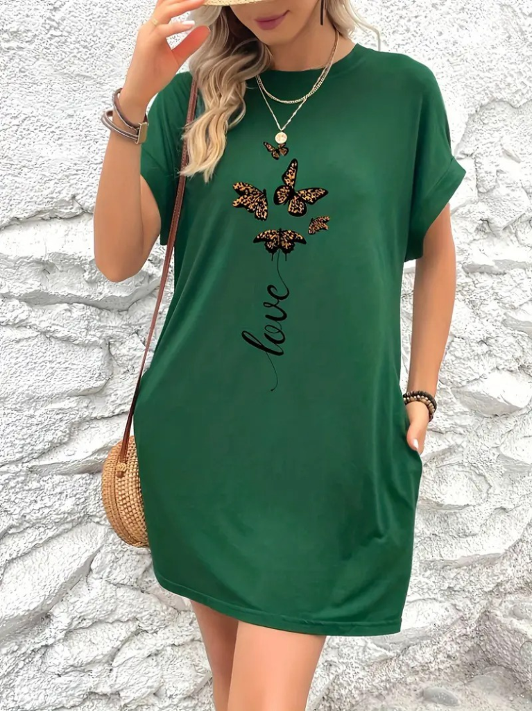 Kadın Kısa Kollu Bisiklet Yaka Cepli Kelebek Baskılı Viskon Elbise - Görsel 12