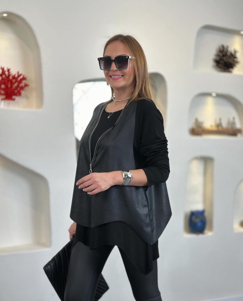 Kadın Uzun Kol Asimetrik Kesim Viskon Bluz Ve çatlak Deri Görünümlü Fermuar Detaylı Yelek Ikili Takım - Görsel 7