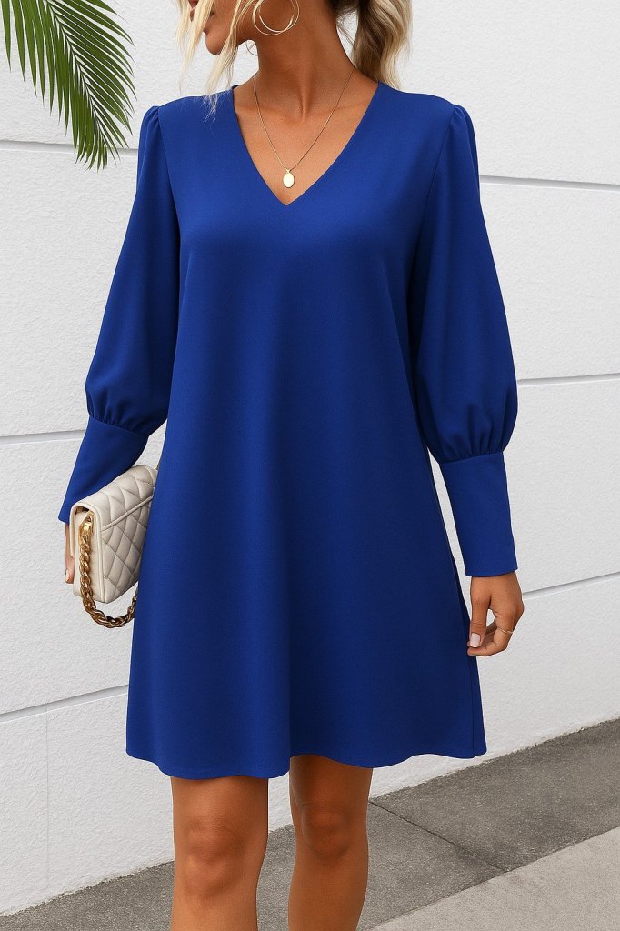 Kadın Uzun Kollu V Yakalı Kısa Ithal Krep Elbise - Görsel 3