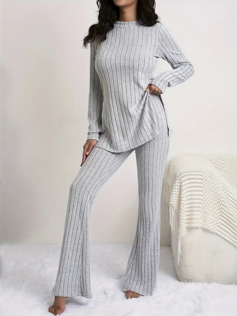 Kadın Uzun Kollu Yuvarlak Yaka Yandan Yırtmaç Detaylı şardonlu Kaşkorse Bluz Ve Pantolon Ikili Takım - Görsel 13