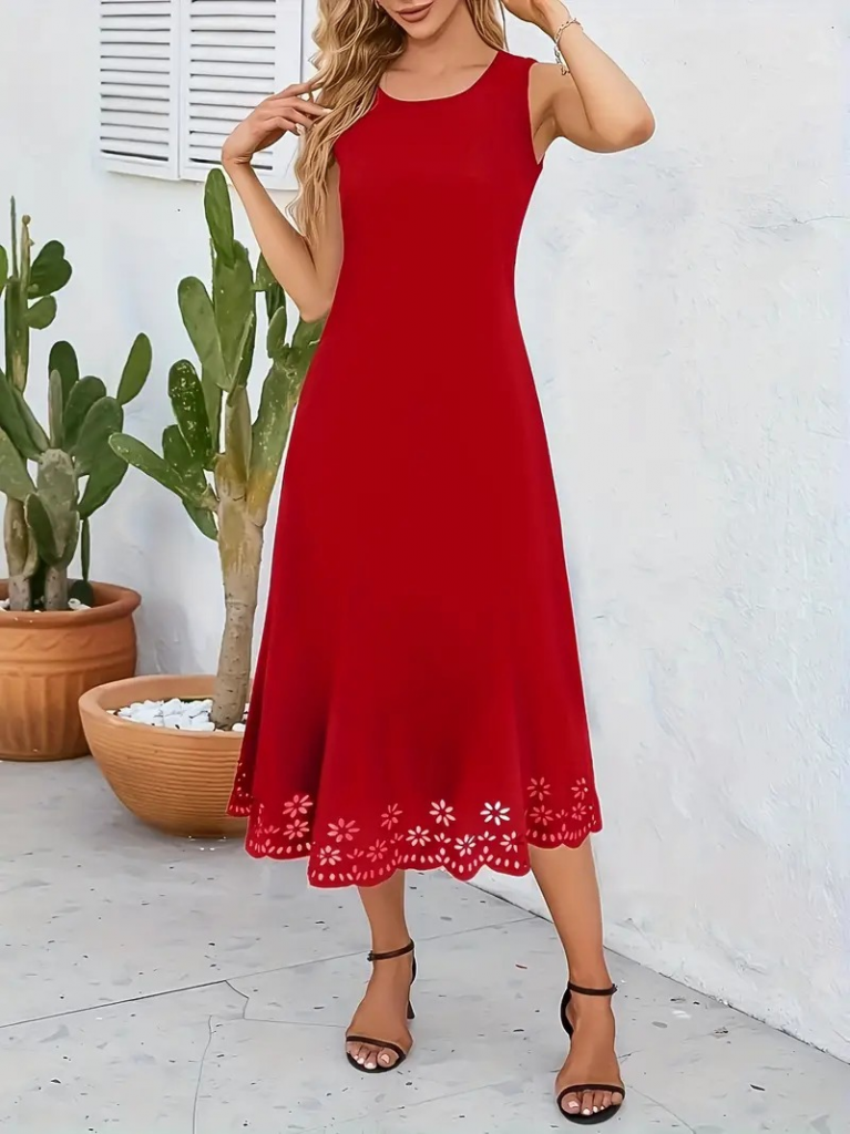 Kadın Kolsuz Etek Ucu Lazer Kesim çiçek Desenli Midi Boy Janjan Krep Elbise - Görsel 21