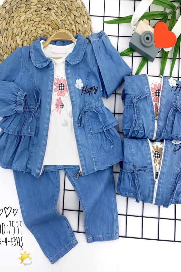 2-3-4-5 Fermuarlı Kot Ceket Kot Pantolon Sweatli 3 Lü Kız Çocuk Takımı Mavi