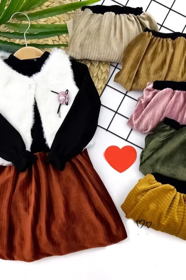 2-3-4-5 Yaş Kadife Etekli Tüylü Yelek Uzun Kollu Siyah Sweat 3lü Kız Bebek Takımı Bej