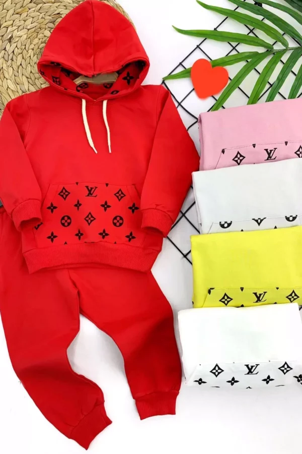 2-3-4-5 Yaş Kapşonlu Cep Detaylı Uzun Kollu 2li Kız Erkek Çocuk Takımı Kırmızı