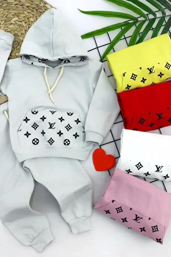 2-3-4-5 Yaş Kapşonlu Cep Detaylı Uzun Kollu 2li Kız Erkek Çocuk Takımı Pembe