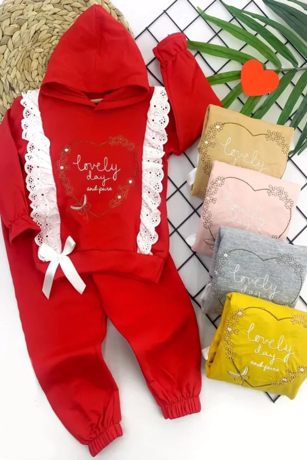 2-3-4-5 Yaş Kapşonlu Çift Fırfır Detaylı Uzun Kollu 2li Kız Çocuk Takımı Gri