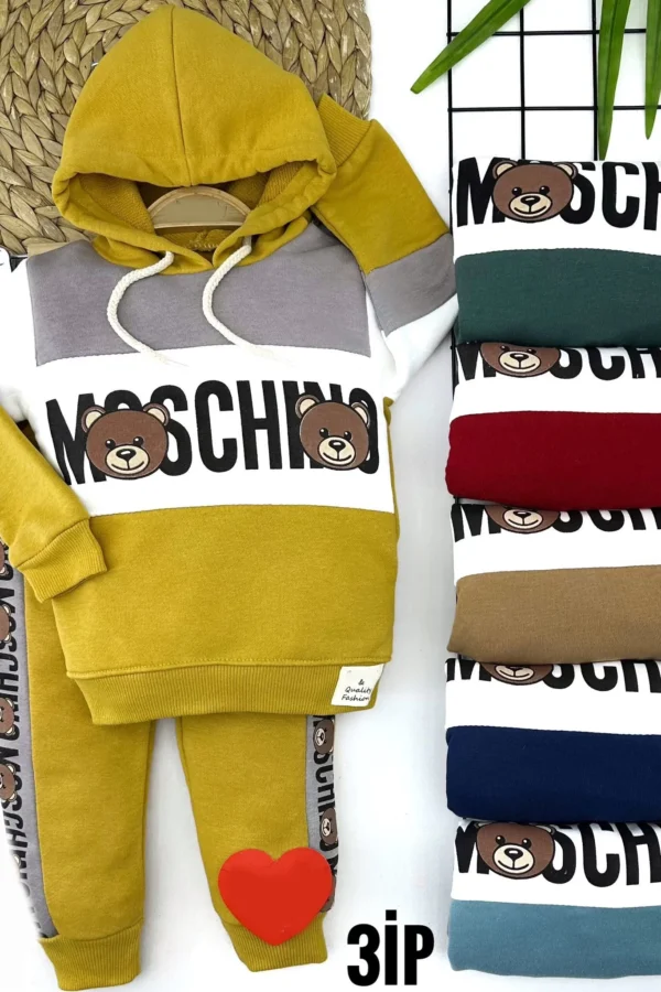 2-3-4-5 Yaş Kapşonlu İp Bağlamalı Ayıcık Baskılı Uzun Kollu 2li Kız Erkek Çocuk Takımı Lacivert