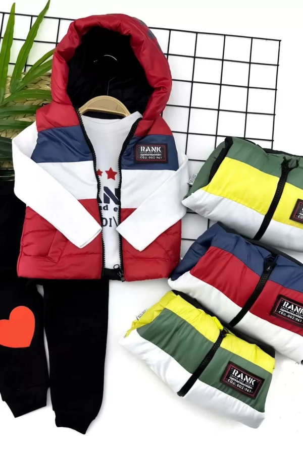 2-3-4-5 Yaş Kapşonlu Şişme Yelekli Uzun Kollu Sweatli Pantolonlu 3lü Erkek Bebek Takımı Kırmızı