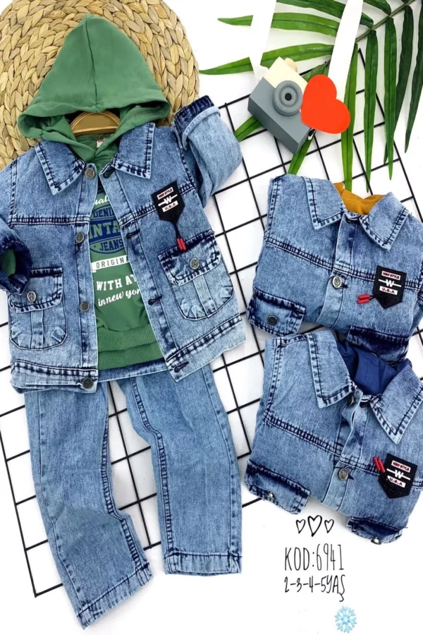 2-3-4-5 Yaş Kapşonlu Sweat Cepli Kot Ceket Ve Pantolonlu 3lü Erkek Bebek Takımı Yeşil