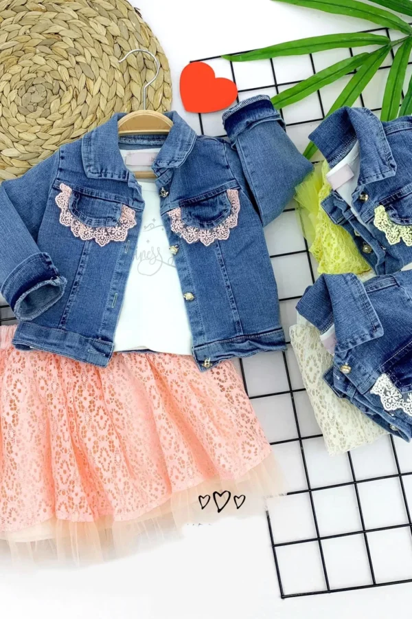 2-3-4-5 Yaş Kot Ceketli Astarlı Tül Etek 3lü Kız Çocuk Takımı Somon