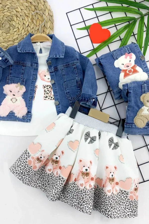 2-3-4-5 Yaş Kot Ceketli Fırfır Etekli 3lü Kız Çocuk Takımı Bej