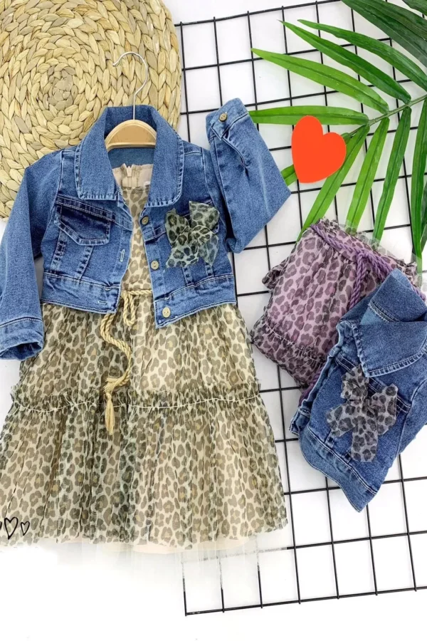 2-3-4-5 Yaş Kot Ceketli Leopar Desenli Astarlı 2li Kız Çocuk Elbisesi