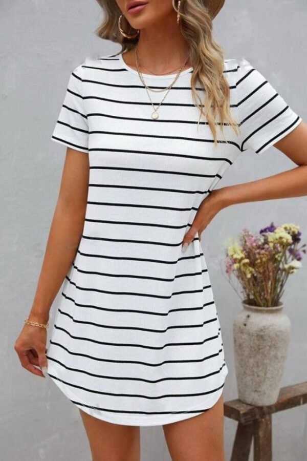 Kadın Düğme Detaylı Bisiklet Yaka Çizgili Kaşkorse Elbise