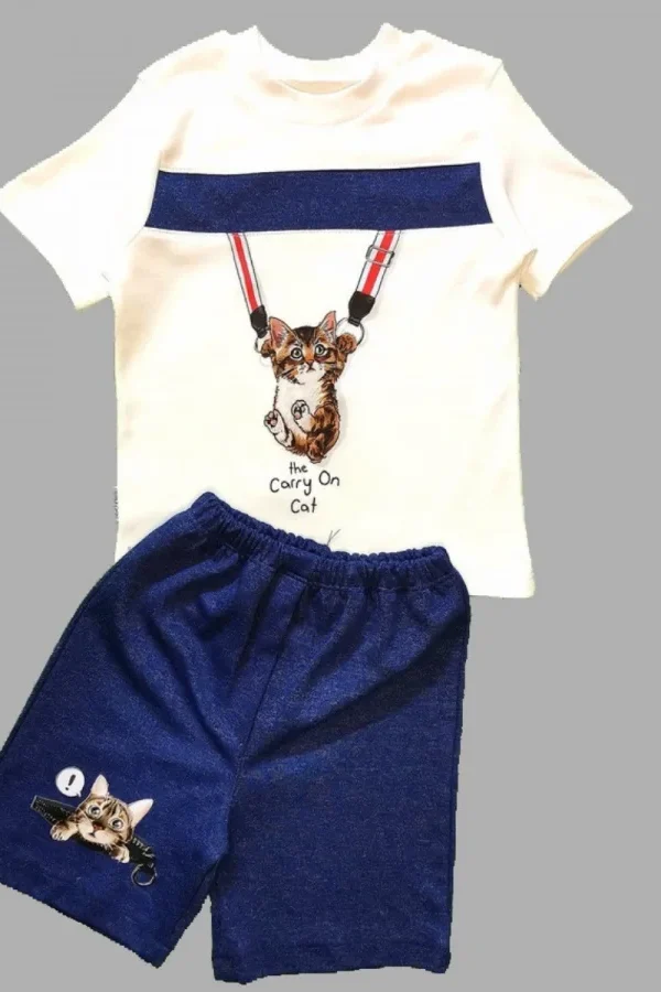 1-2-3 Yaş Fermuarlı Kedi Baskılı Şortlu Kısa Kollu Tişört 2li Erkek Bebek Takımı
