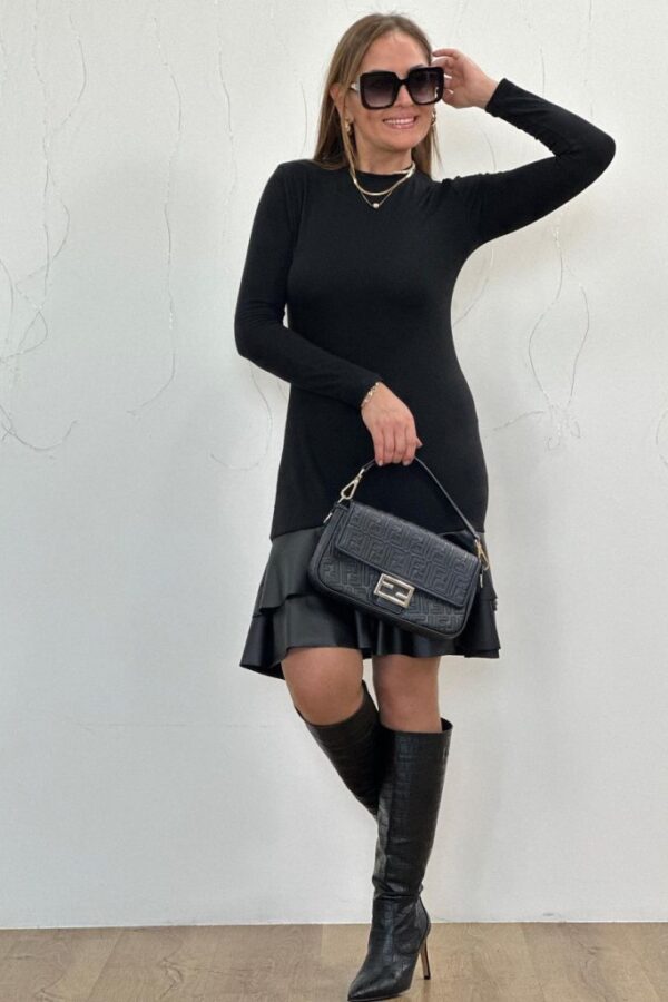 Kadın Uzun Kollu Bisiklet Yaka üst Viskon Etek Ucu Deri Kısa Elbise