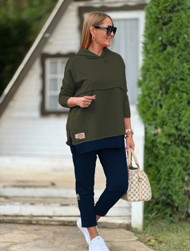 Kadın Haki Kapşonlu Etek Ucu Detay Arma Ters Dikiş Gorunumlu Ikili Takım - Görsel 21