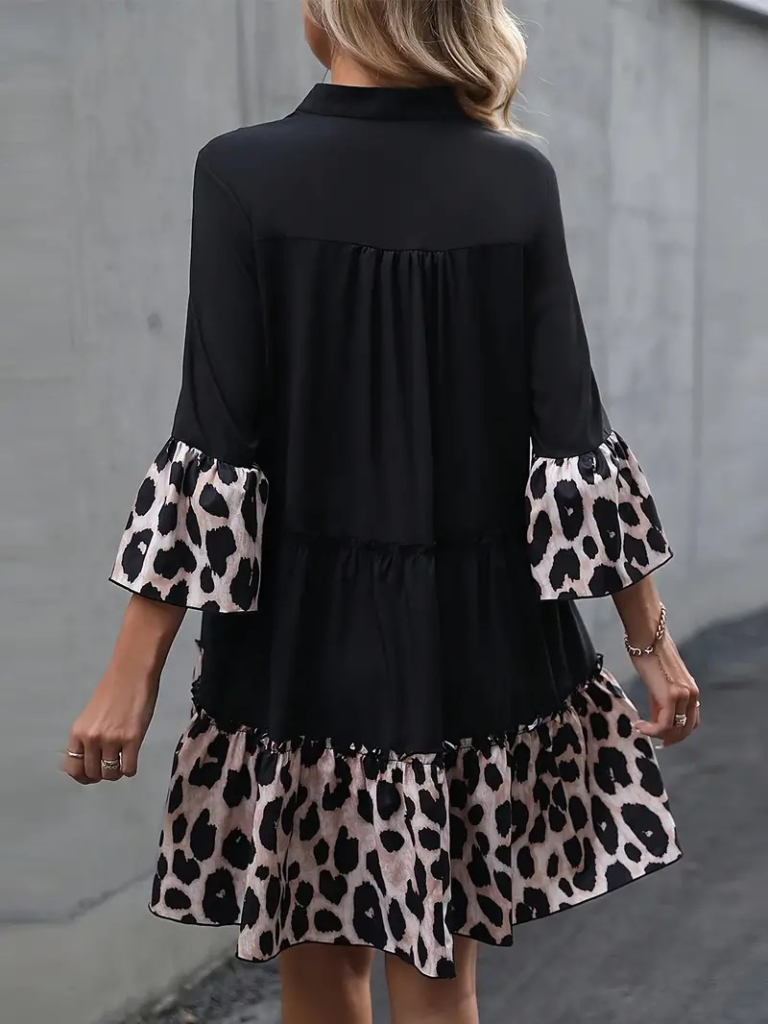 Kadın Fakir Kol V Yakalı Leopar Desen Detaylı Trikoton Elbise - Görsel 4