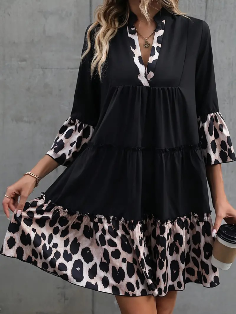 Kadın Fakir Kol V Yakalı Leopar Desen Detaylı Trikoton Elbise - Görsel 3