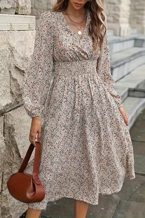 Kadın Uzun Kollu Kruvaze Yaka Beli Lastikli Kiloş Desenli Midi Süprem Elbise