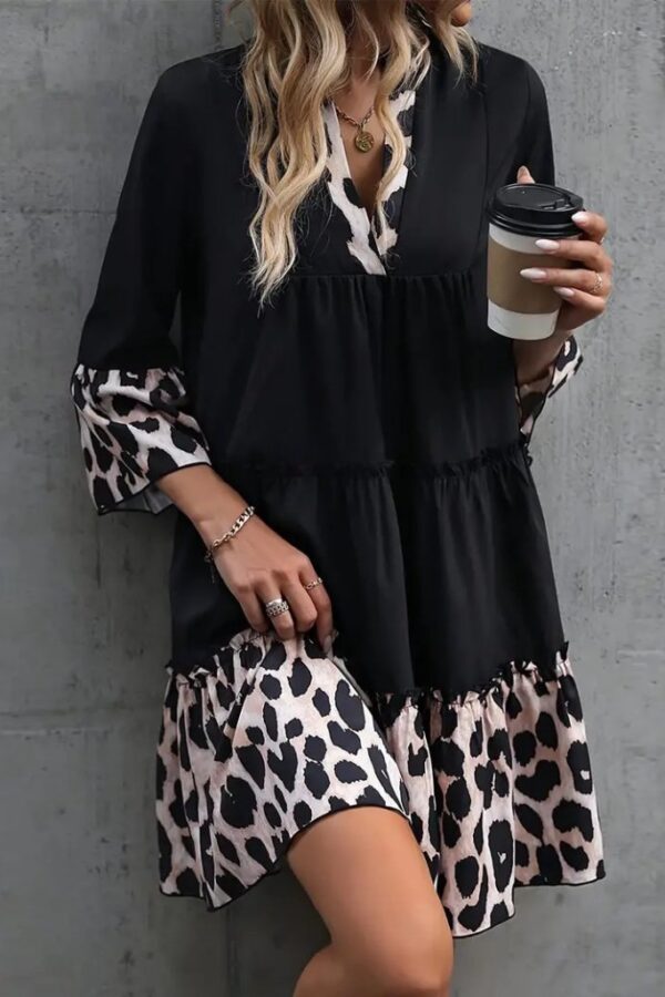 Kadın Fakir Kol V Yakalı Leopar Desen Detaylı Trikoton Elbise