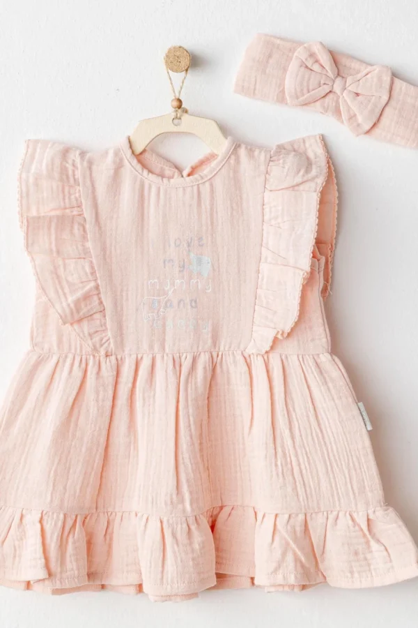Andywawa Ac25521 Love Family Müslin Bebek Elbise Takım Salmon