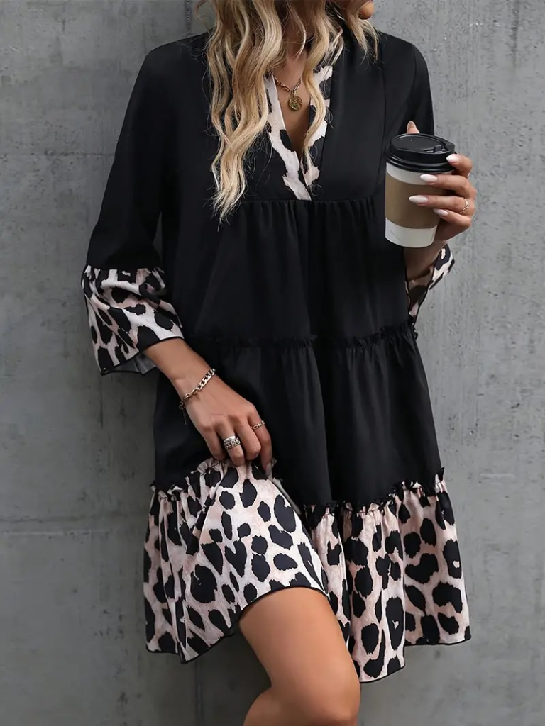 Kadın Fakir Kol V Yakalı Leopar Desen Detaylı Trikoton Elbise - Görsel 5