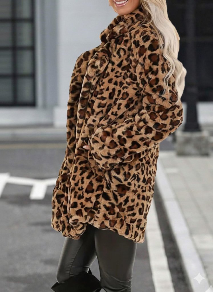 Kadın Uzun Kollu Yakalı Cepli Kısa Peluş Leopar Kaban - Görsel 2
