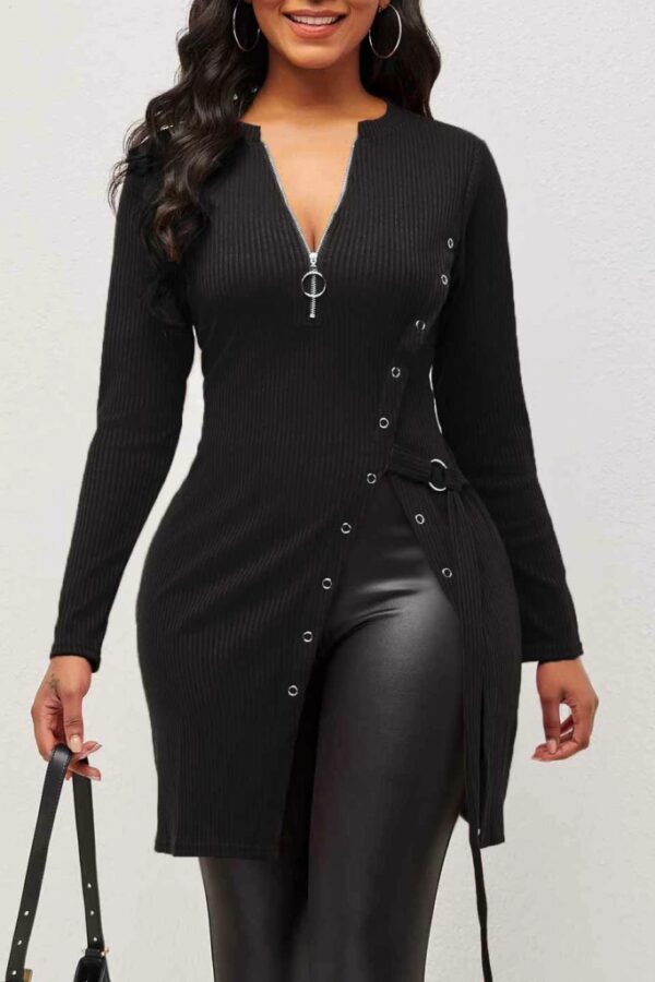 Kadın Uzun Kollu Fermuarlı Yan Yırtmaç çıtçıt Düğme Detay Fitilli Kaskorse Elbise