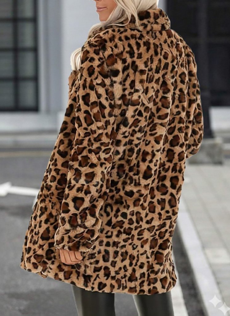 Kadın Uzun Kollu Yakalı Cepli Kısa Peluş Leopar Kaban - Görsel 3