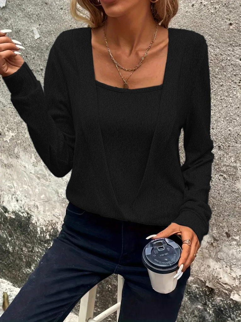 Kadın Uzun Kollu Kruvaze Yaka Kol Ve Etek Ucu Manşet Detay Yumoş Bluz - Görsel 9