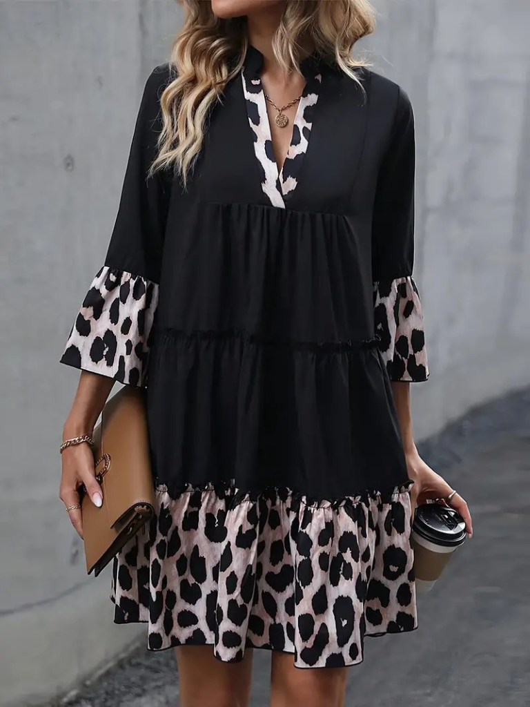 Kadın Fakir Kol V Yakalı Leopar Desen Detaylı Trikoton Elbise - Görsel 2