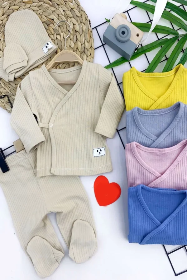 Organik Uzun Kollu 4 Parça Kız Erkek Bebek Hastane Çıkışı (1 Takım) Krem