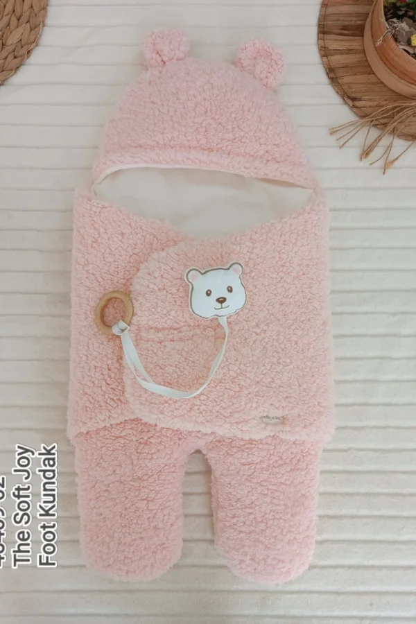 Yenidoğan Kulaklı Şapkalı Açılır Kucaklı Cırt Kapamalı Ayaklı Bebek Battaniyesi Kundak Pembe
