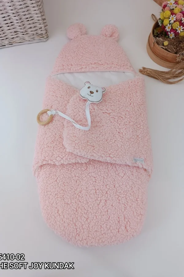 Yenidoğan Kulaklı Şapkalı Açılır Kucaklı Cırt Kapamalı Bebek Battaniyesi Kundak Pembe