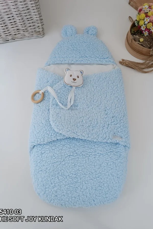 Yenidoğan Kulaklı Şapkalı Açılır Kucaklı Cırt Kapamalı Bebek Battaniyesi Kundak Mavi