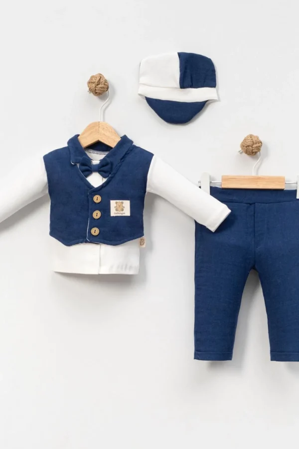 6-9-12-18 Ay Yelek Detaylı Kasketli Uzun Kollu Mevsimlik 3 Lü Erkek Takımı