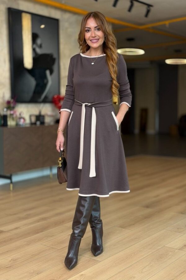 Kadın Uzun Kollu Kuşak Dahil Midi Boy Lbise