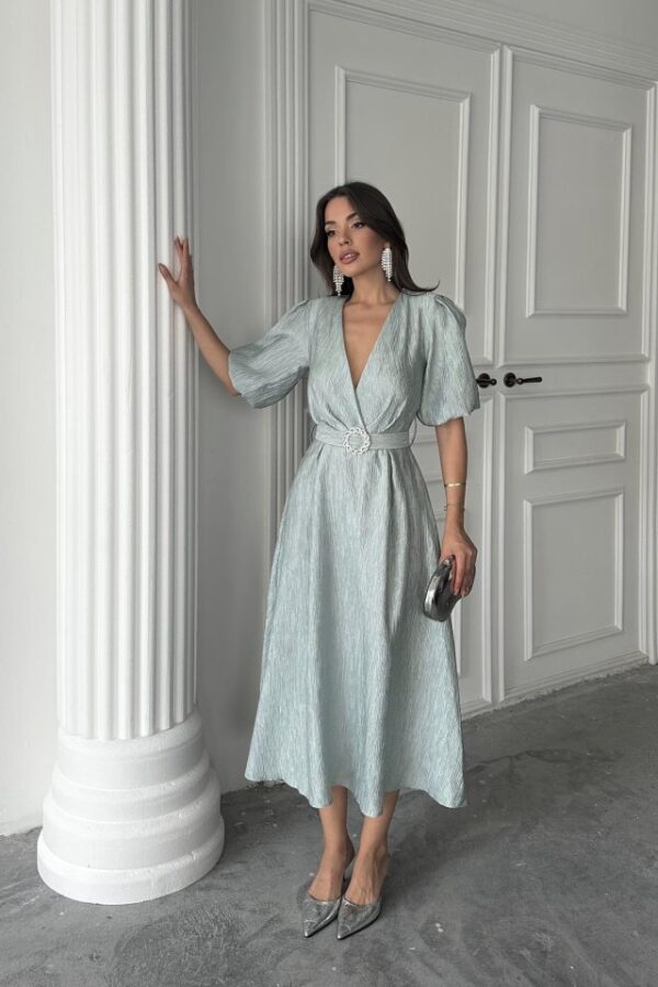 Siyah Işıltılı Kemerli Kruvaze Elbise