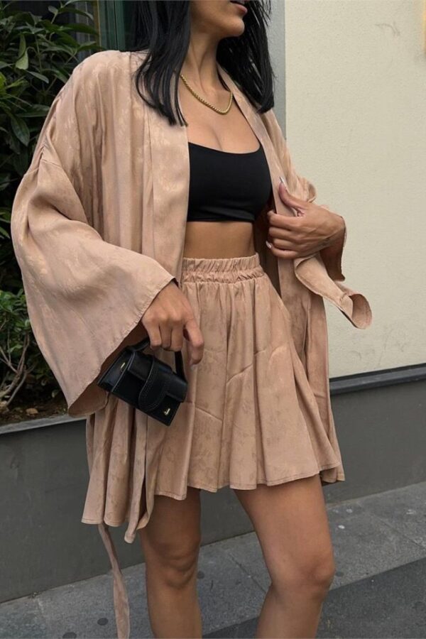 JAKARLI KİMONO - ŞORT TAKIM - Bej