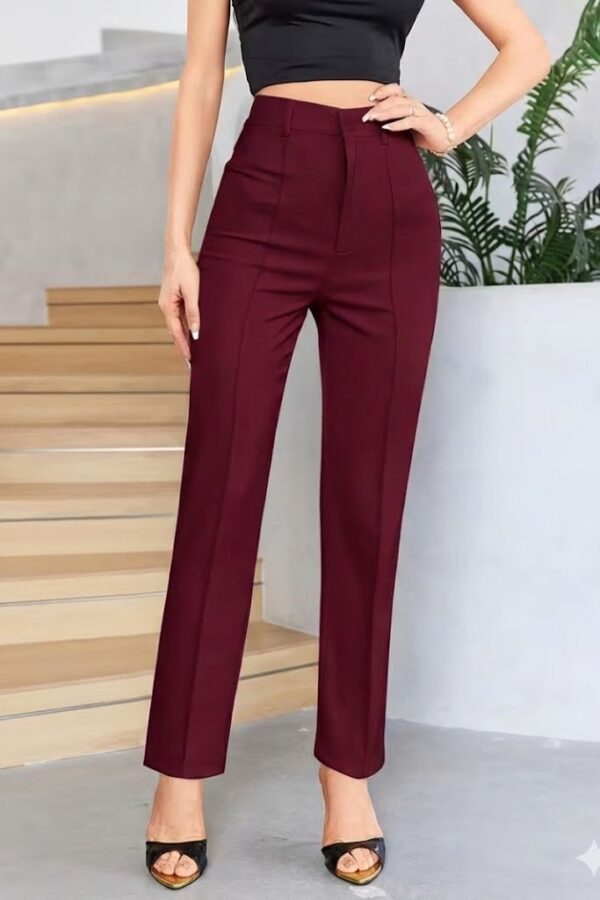 Bordo Renk Yüksek Bel Maskülen Kesim Kumaş Pantolon