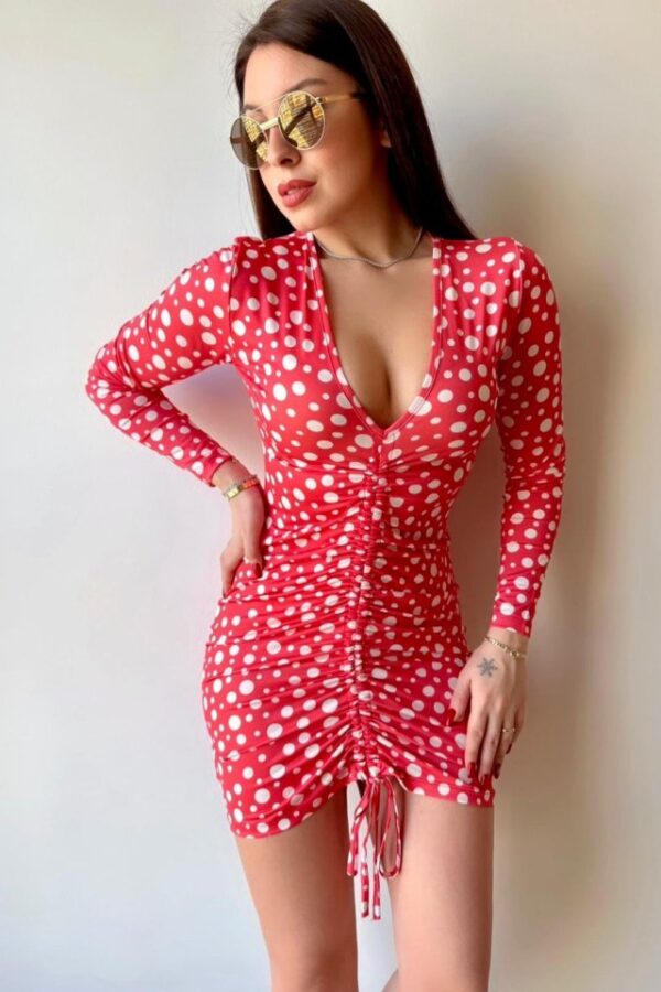 Kadın V Yaka önü Asansör Büzgü Detay Fırsat ürün Puantiyeli Mini Elbise