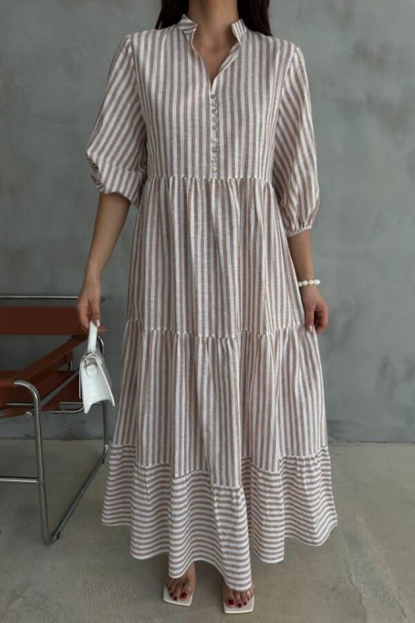 ÇİZGİLİ KETEN HAKİM YAKA DÜĞMELİ SALAŞ ELBİSE - Mavi