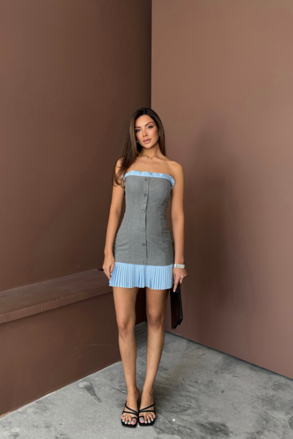 STRAPLEZ POLVİSKON ELBİSE MAVİ FIRFIR DETAYLI - Gri