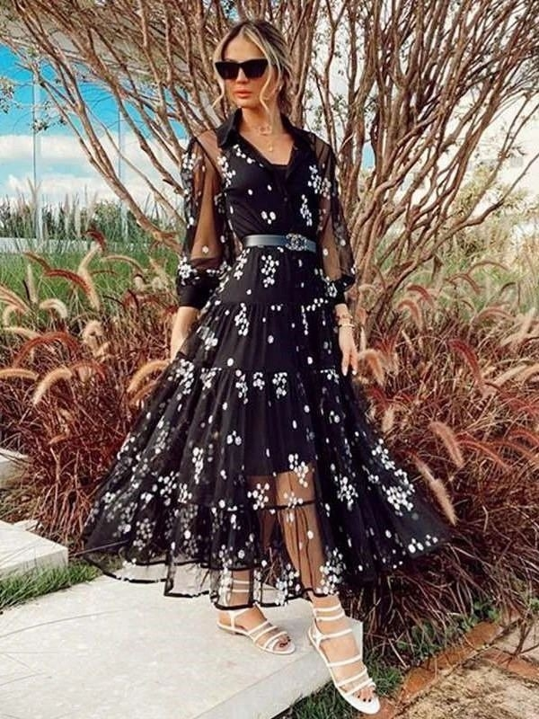 Kadın Flok Kumaş çiçek Desenli Elbise